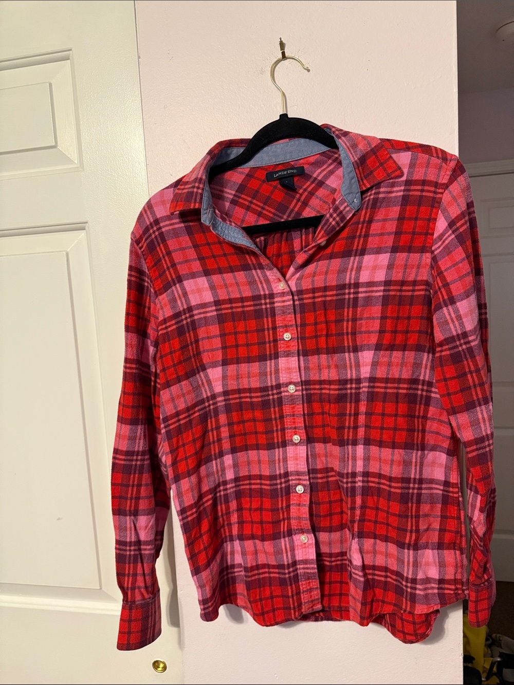 Lands' End Red and Pink Plaid Button-Down Shirt for women